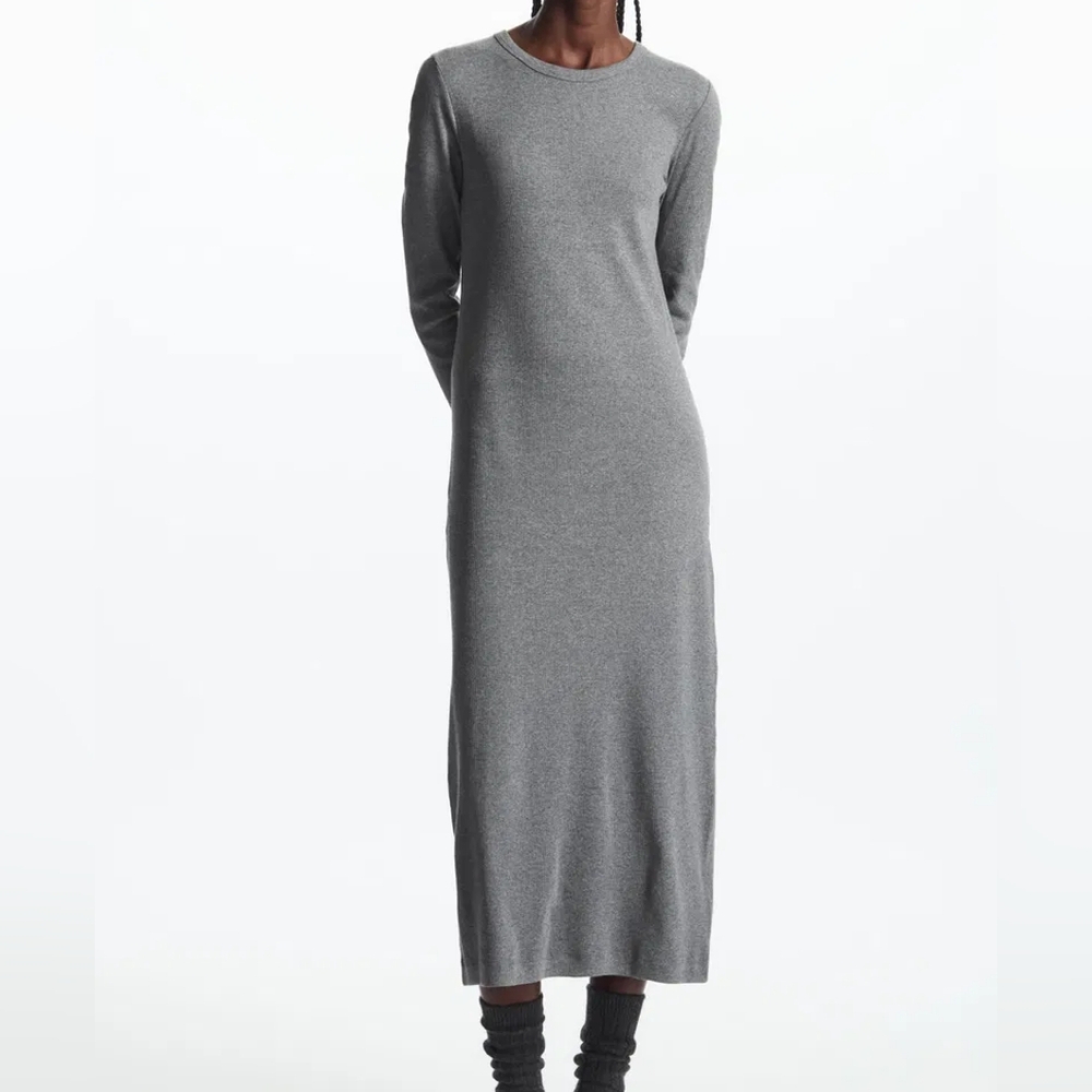 COS Ribbed Maxi Dress XS Long Sleeve Contemporary Gray Casual Minimalist